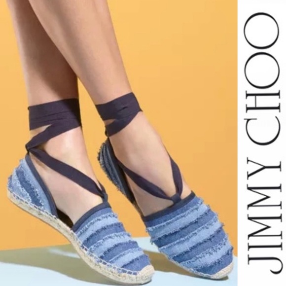 NWT JIMMY CHOO DENIM STRIPE WRAP ESPADRILLE 6.5 - Picture 2 of 8